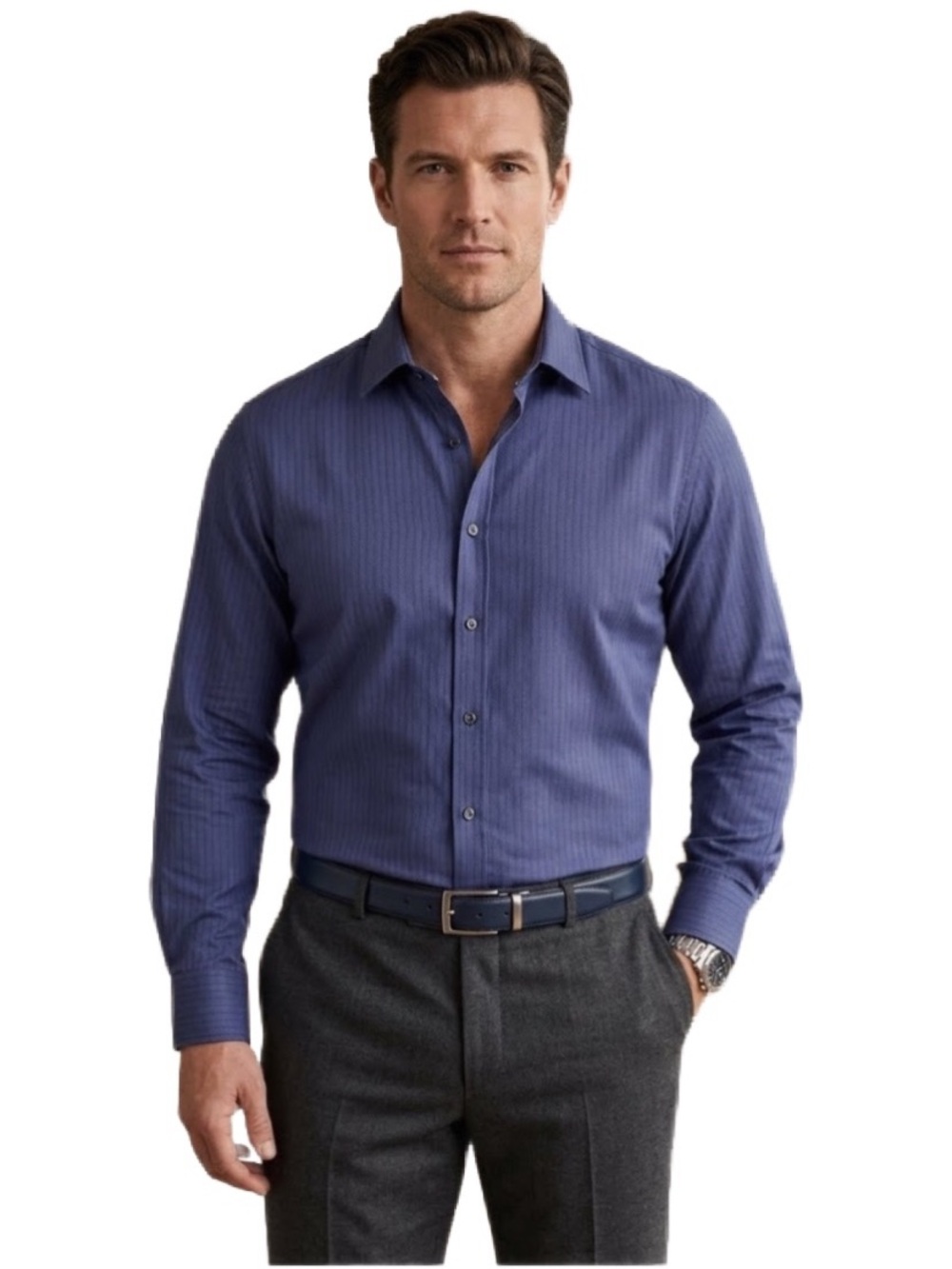 Thomas Pink Men's Navy Blue Herringbone Button-Down Shirt Size 19 - 37 1/2